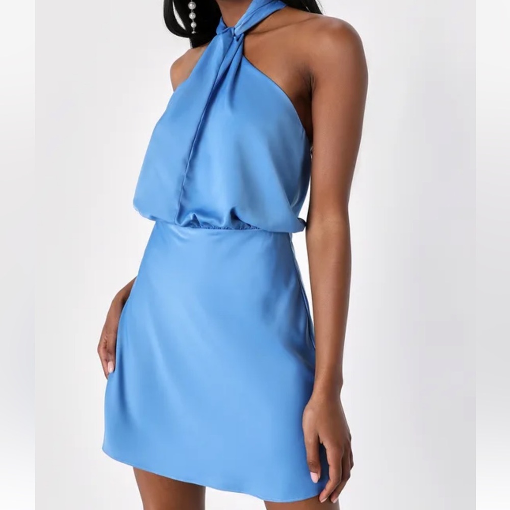 Lulus Sleek Essence blue satin halter sleeveless mini dress NWT